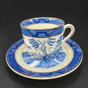 Blue Willow Tea Cup Saucer Set Made in Occupied Japan Ironstone Gold Trim